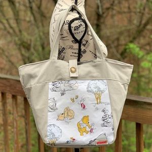 NEW Handmade Winnie the Pooh & friends patterned Lg tan Denim diaper bag, tote
